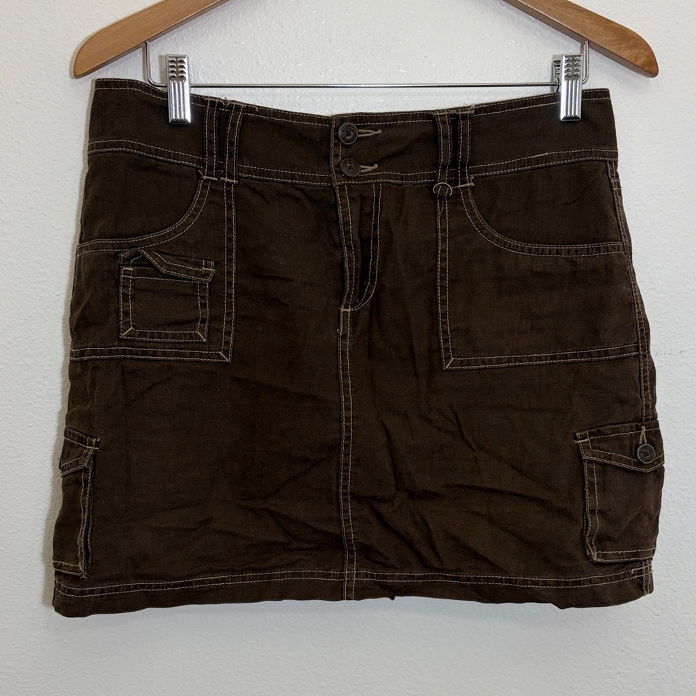 Brown Linen Blend Utility Cargo Mini Skirt Sonoma Life + Style